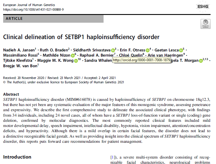 Check out the first publication dedicated to documenting SETBP1 disorder