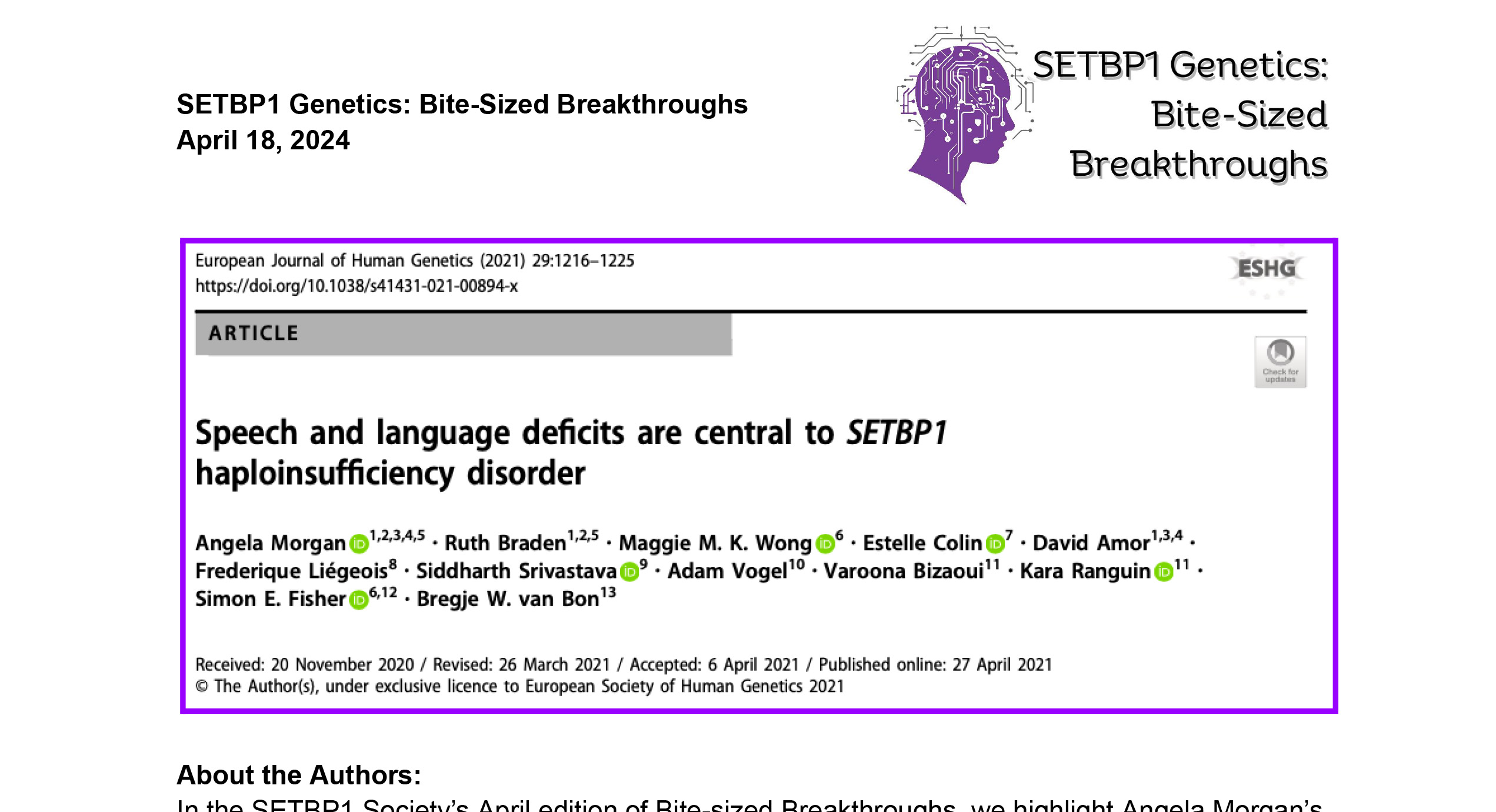 Speech and language deficits are central to SETBP1 haploinsufficiency disorder