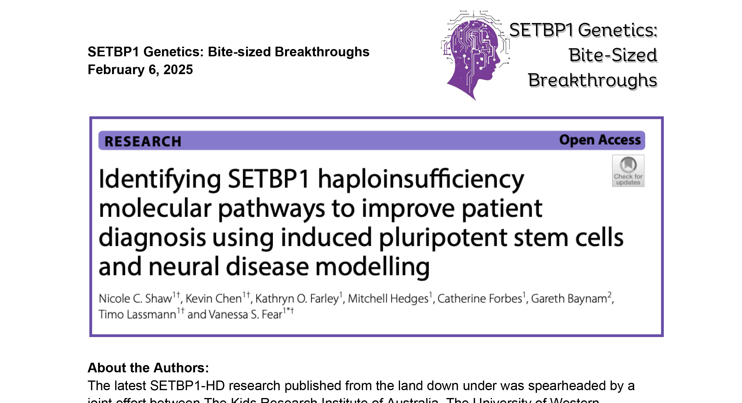 Identifying SETBP1 haploinsufficiency molecular pathways to improve patient diagnosis using induced pluripotent stem cells and neural disease modelling